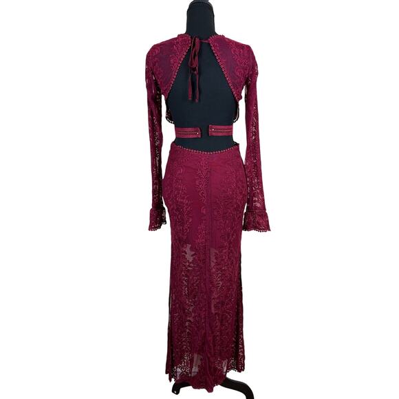 Whimsigoth Lace Open Back Flare Sleeve Gown Prom Gala Sultry Slinky Maxi Dress - Picture 7 of 11